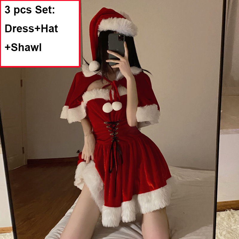 Autumn Winter Cute Christmas Red Shawl Dress Women Sweet Plush Sexy Santa Claus Cosplay Costume Mrs Claus Party Mini Dress Cloak alx