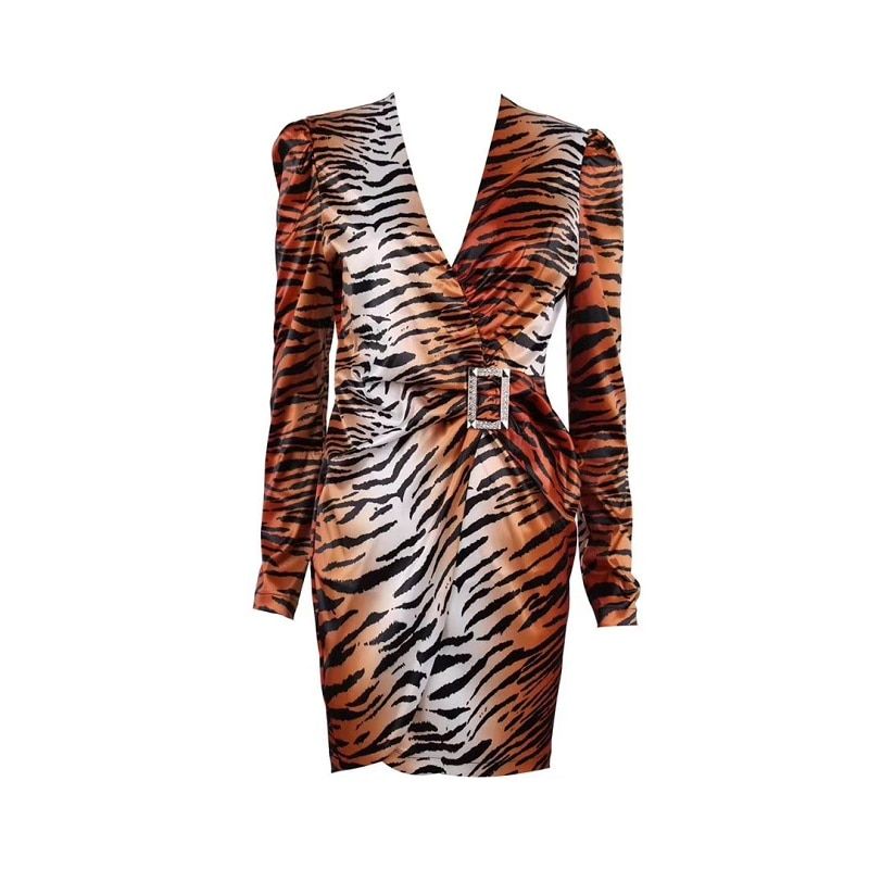 Chic Sashes Long Sleeve Sexy V Neck Leopard Dress