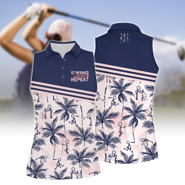 Swing Swear Repeat Golf Figures Women Polo Shirt, Tropical Shirt For Golf Lovers