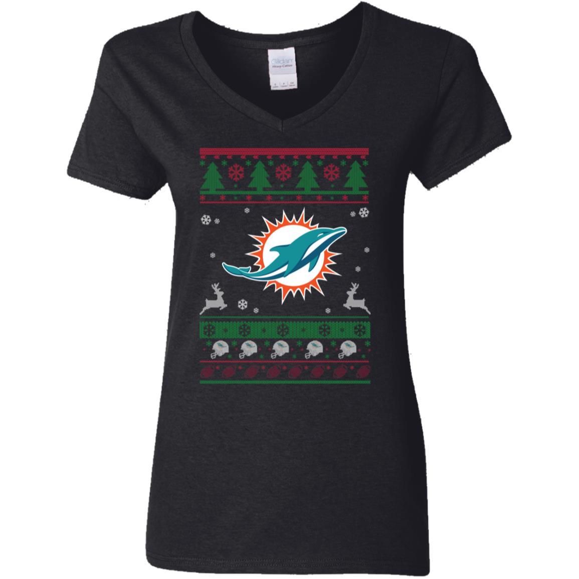 Miami Dolphins Logo Football Teams Ugly Christmas Sweater Women V-Neck T-Shirt