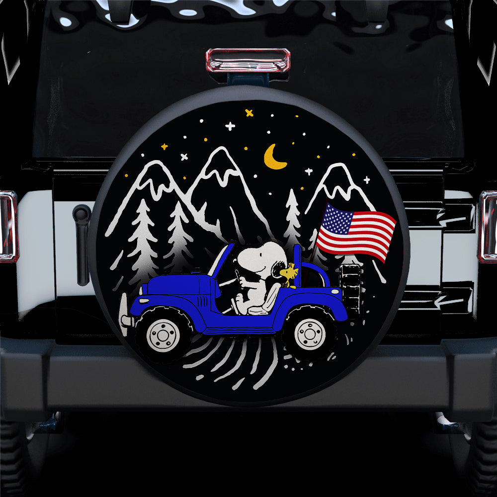 Snoopy Blue Jeep Us Flag Mountain Car Spare Tire Covers Gift For Campers