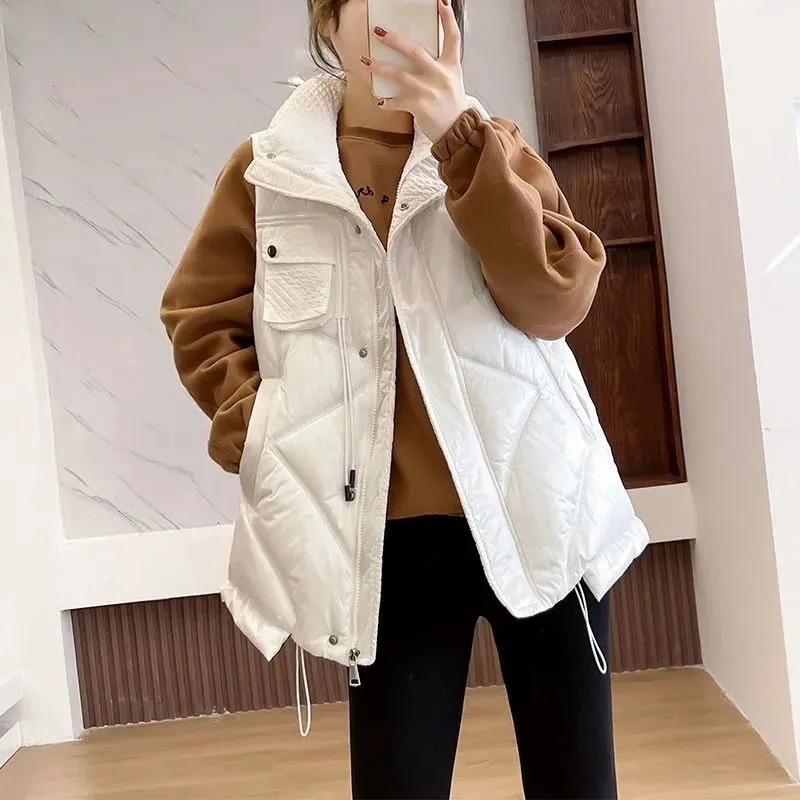 2022 Autumn Winter Cotton Padded Puffer Vests Women Stand Collar Sleeveless Parkas Jacket Female Casual Warm Loose Solid Vest alx