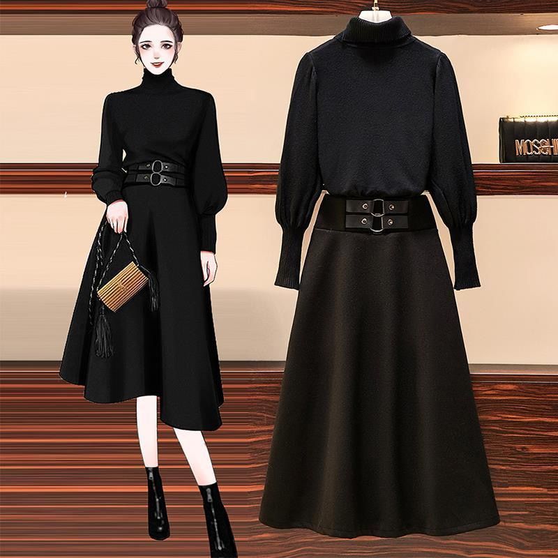 Women 2021 Autumn Winter Two Pieces Sets Female Loose Casual Knitted Pullover Sweater +High Waist A-Line Skirt 2 Piece Suit alx