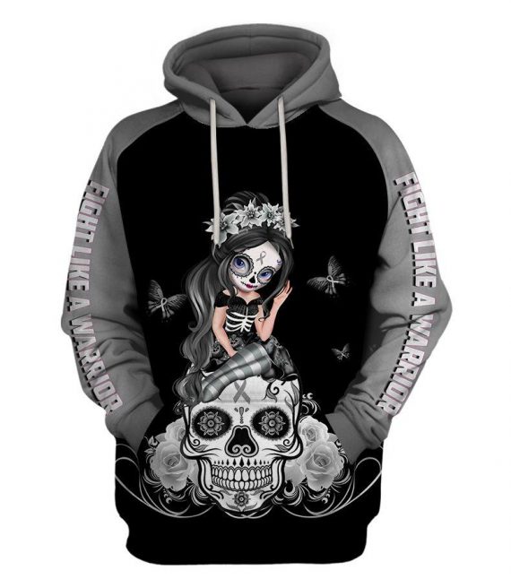 Skull Gift Fight Like A Warrior™ Gray Brain Cancer Sugar Skull Girl Awareness Hoodie