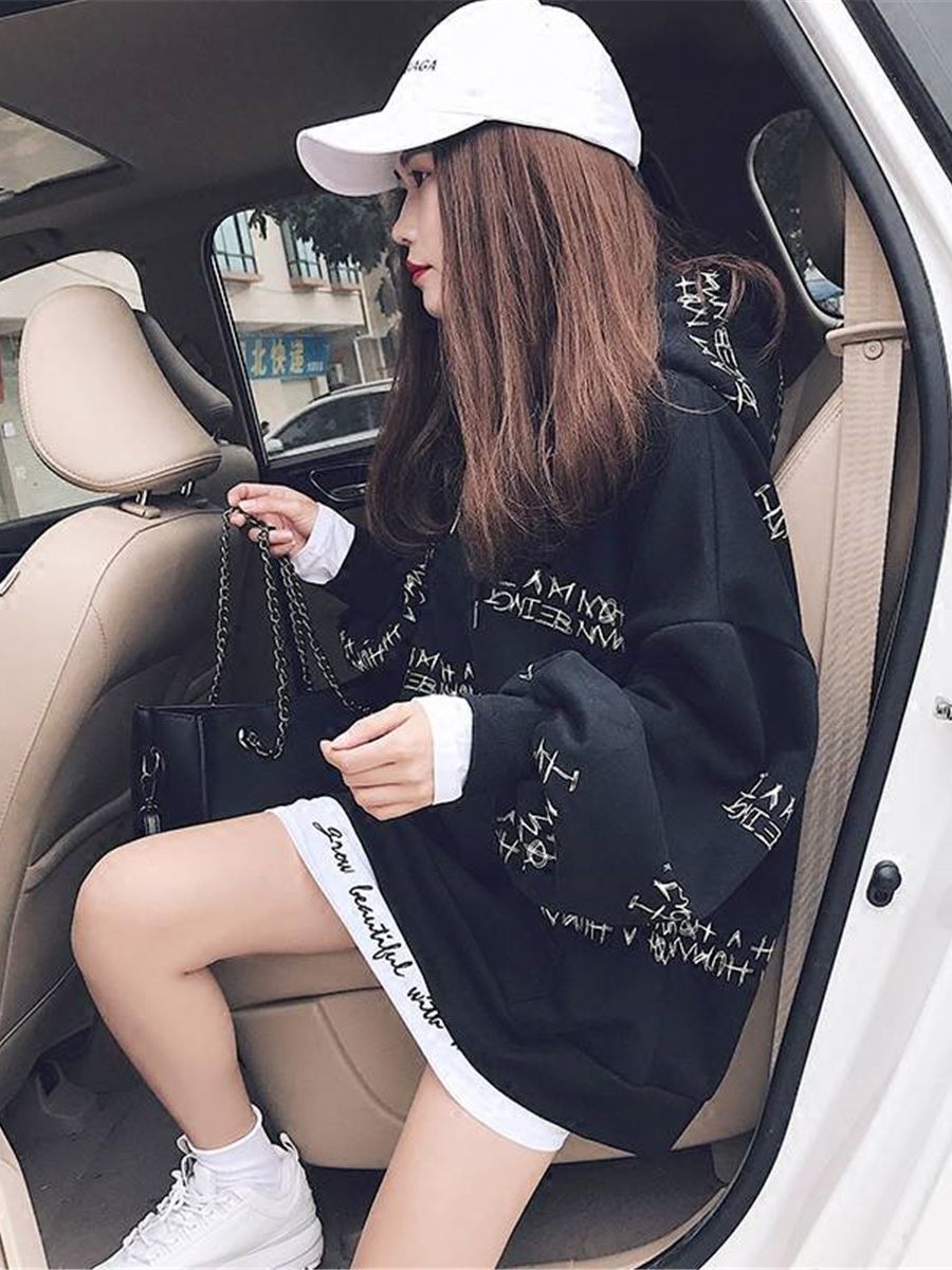 Cool Harajuku Letter Print Hoodie Sweatshirt Spring Korean Women Kawaii Loose Long Sleeves Tops Hip Hop Oversized Hoodies Coats alx