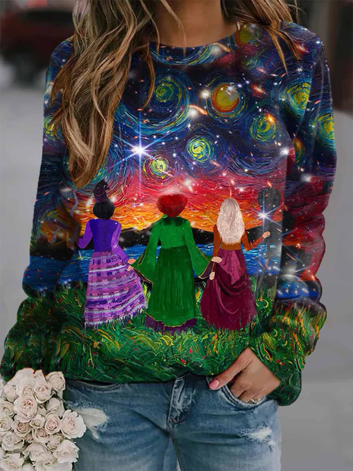 Women Halloween Sisters Starry Night Sweatshirt