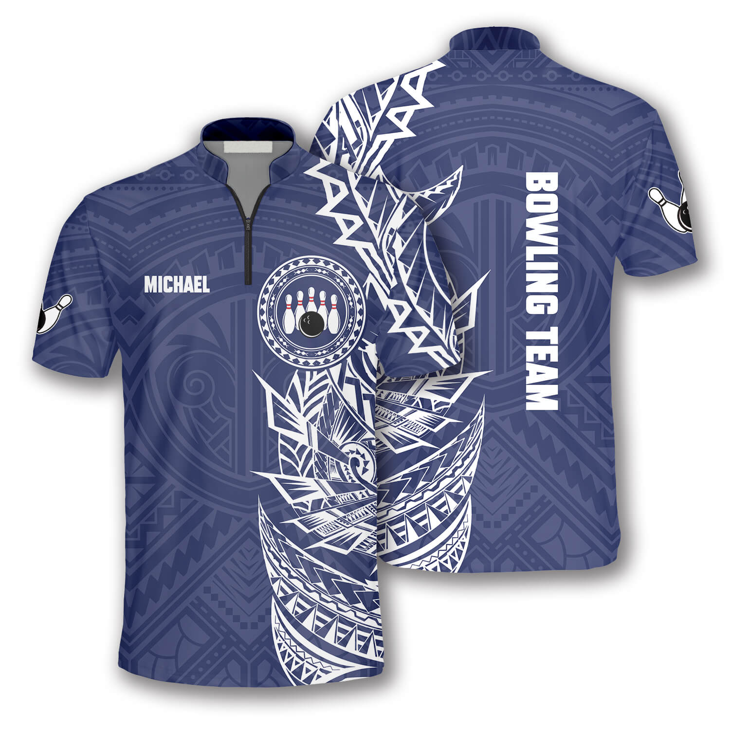 Blue White Tribal Tattoo Custom Bowling Jersey For Men, Best Shirt For Bowling Player