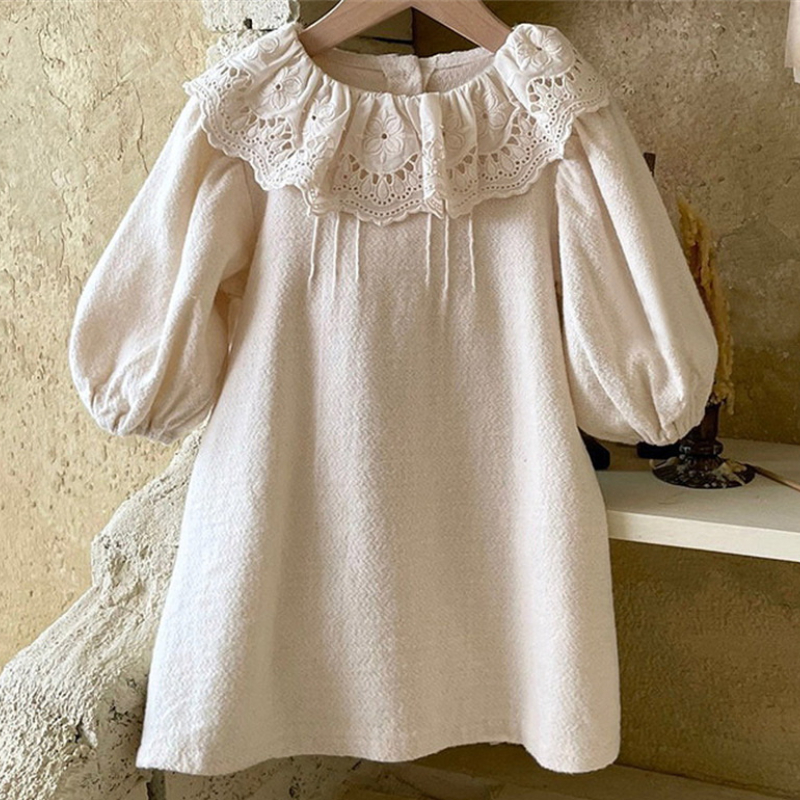 Spring New Girls’ Dress Simple Leisure Korean Style Foreign Style Little Girl Lace Lotus Leaf Lapel A-shaped Princess Skirt alx