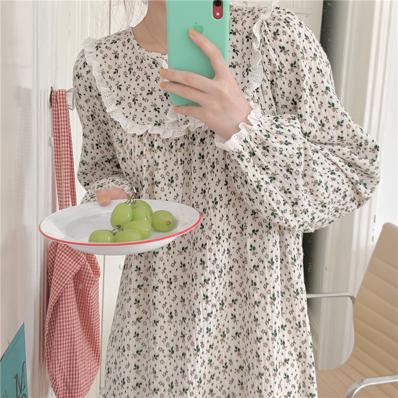 2022 New Floral Print Spring Nightgown Women Sleepdress Long Sleeve Lacework Cepe Cotton Gauze Nightshirt Home Out Wear D130 alx