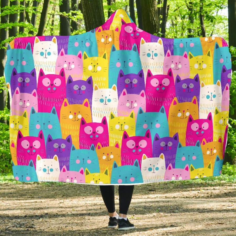 Colorful Kitten Cat Pattern Print Hooded Blanket