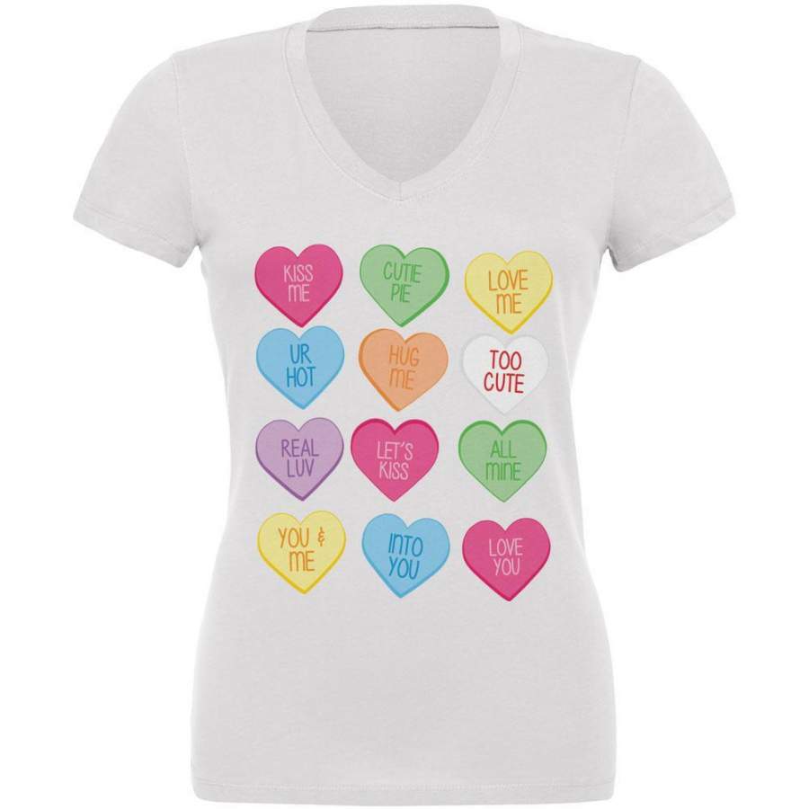 Valentine’s Day Candy Hearts White Juniors V-Neck T-Shirt