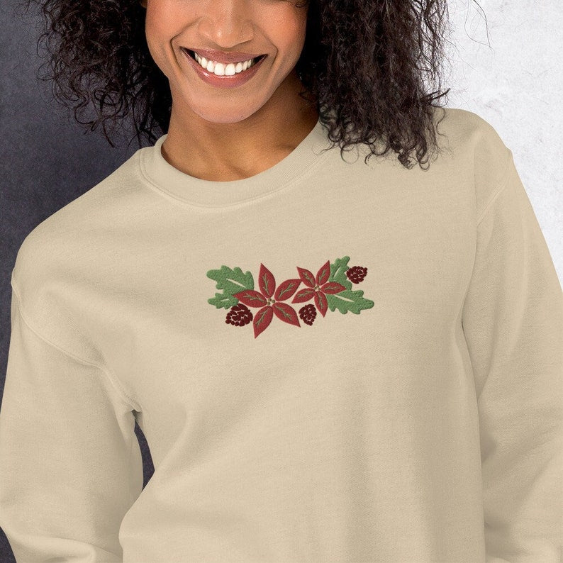 Poinsettia Christmas Embroidered Sweatshirt 2D Crewneck Sweatshirt All Over Print Sweatshirt For Women Sweatshirt For Men Sws4669