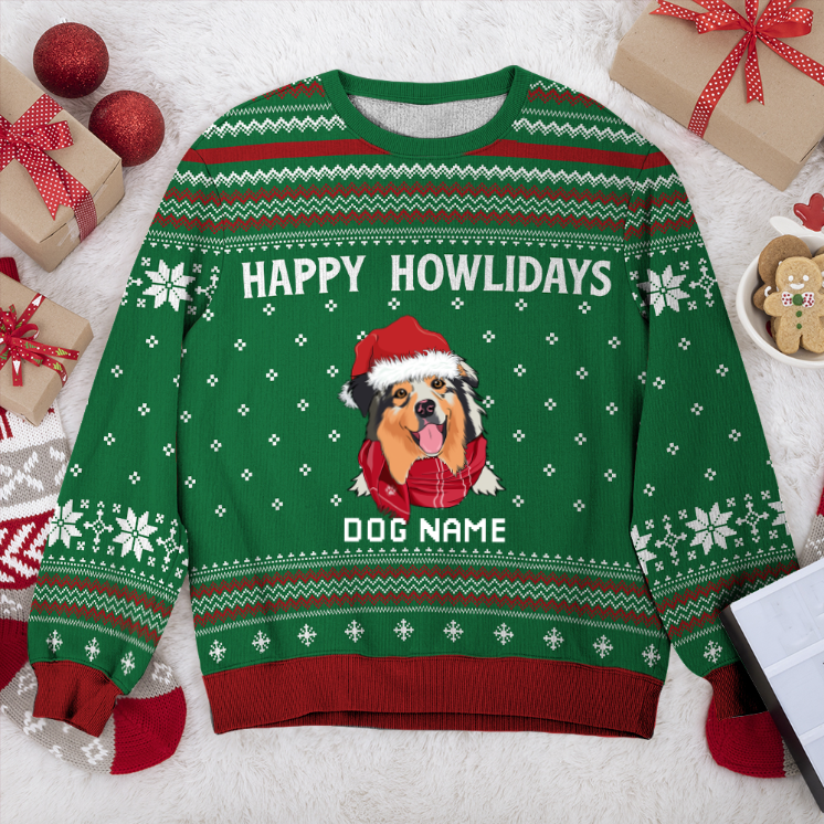 Australian Shepherd Happy Howlidays Personalized Sweater, Dog Ugly Christmas Sweater