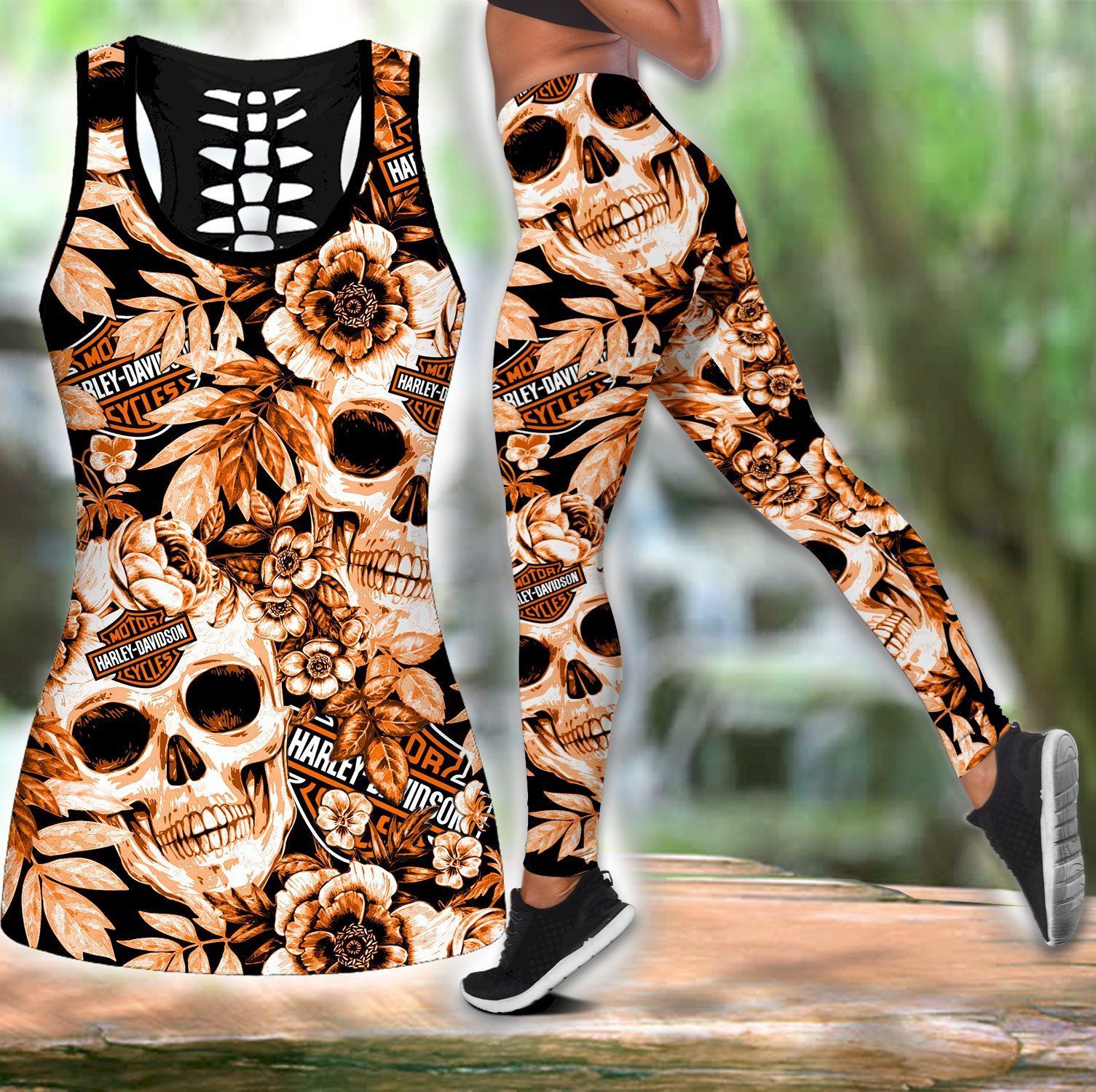 Combo Harley Davidson Skull Flower Hollow Tanktop Leggings Set K1951