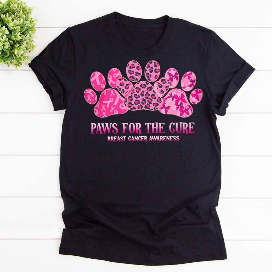 Breast cancer awareness paws for the cure leopard pink black cotton t shirt for men and women S-6XL