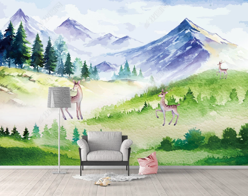 3D Watercolor Mountain Forest Animal Elk Wall Mural Wallpaper Lqh 53