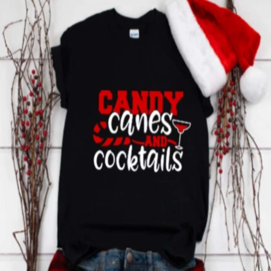 Candy Canes and Cocktails Christmas Black Unisex Short Sleeve T-shirt