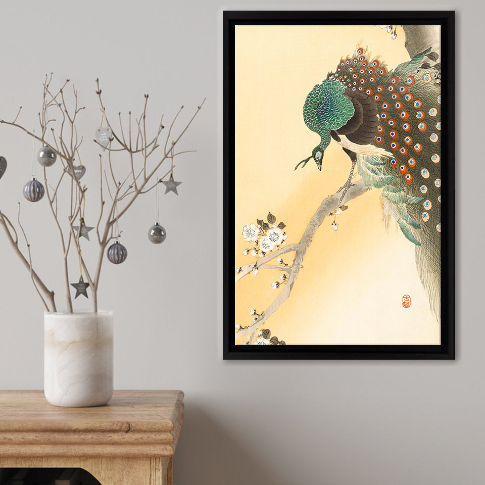 Peacock On A Cherry Blossom Tree Framed Canvas Print – Canvas Painting, Canvas Art, Wall Art, Wall Decor
