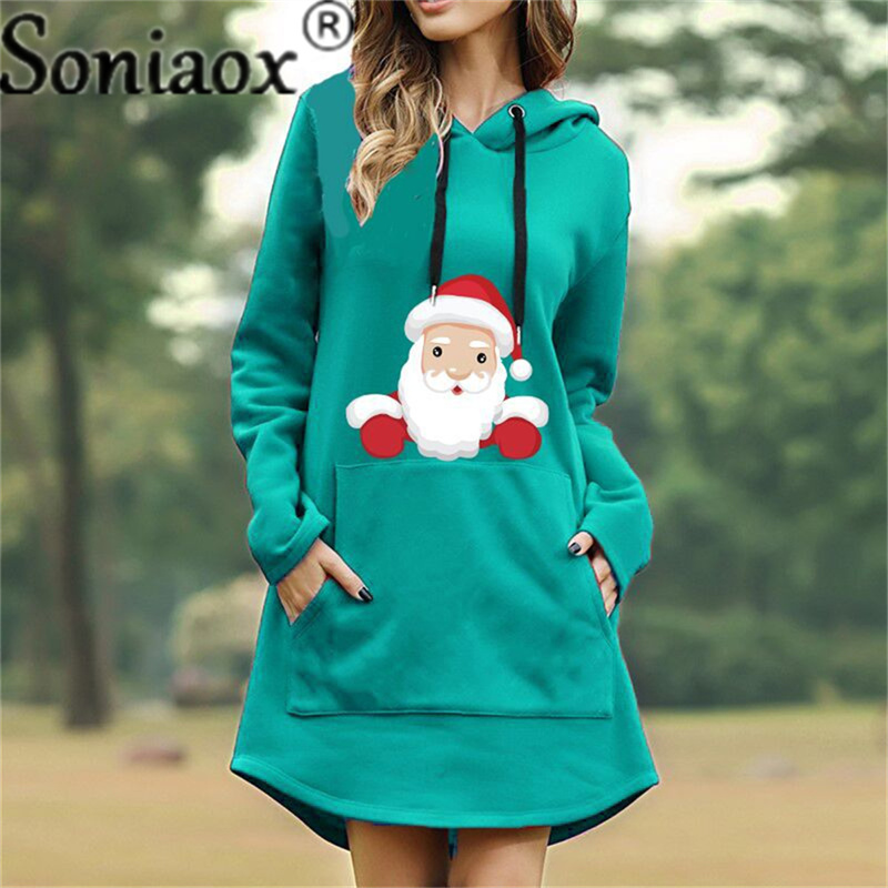 Christmas Party Sweatshirt Dress 2021 Autumn Winter New Arrivals Casual Fashion Print Hooded Long Sleeve Mini Pocket Dresses alx