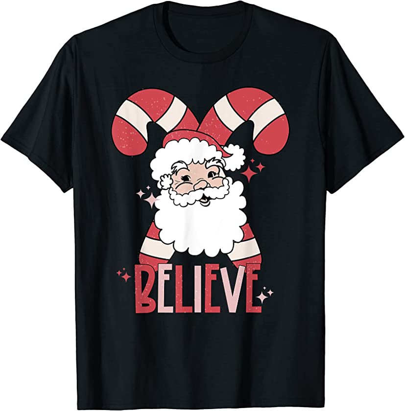 Retro Believe Santa Claus And Candy Cane Merry Christmas T-Shirt