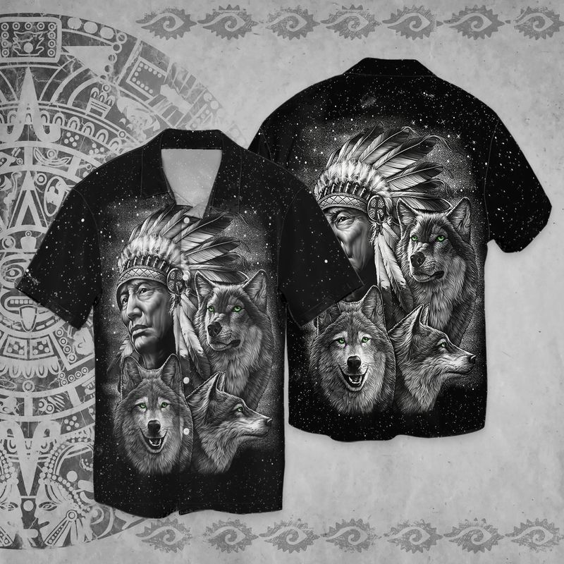 Native American Wolf Black Full Print Hawaii Shirt Ha24785