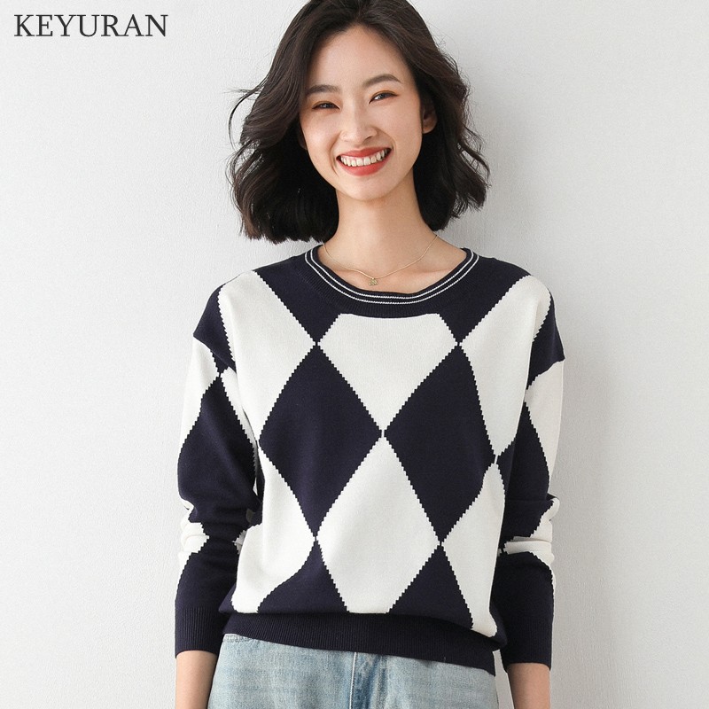 Women Vintage Knitted Argyle Sweaters 2021 Autumn Winter Fashion Ladies Pullovers Women Pullover Jumper Chic Sweater Streetwear alx