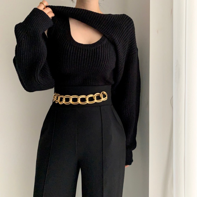 Women Korean Knitting Sweater Smock Vest Two Piece Set Long Sleeves Hollow Out Vintage Simplicity Baggy Ladies Tops Autumn alx