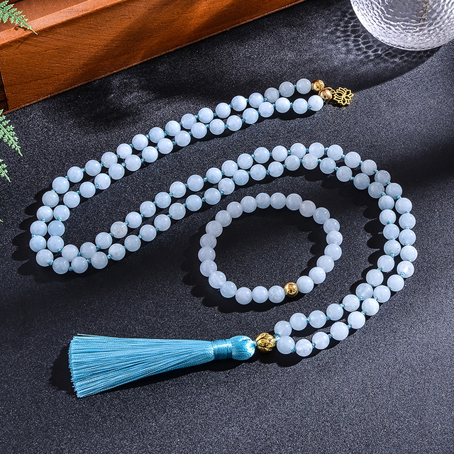 108 Beaded 8mm Aquamarine Japamala Necklace Bracelet Set Meditation Yoga Spiritual Energy Jewelry Women Rosary Pendant alx