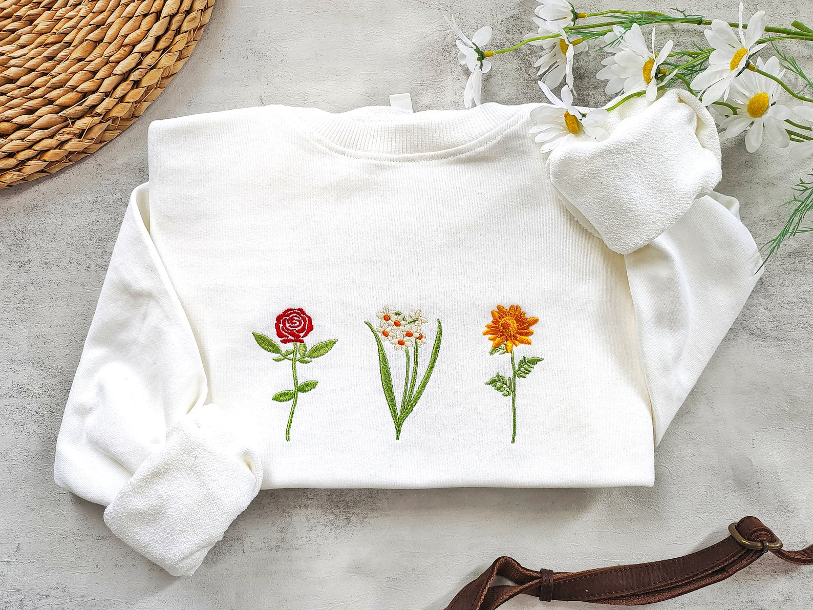 Flower Embroidered Sweatshirt 2D Crewneck Sweatshirt All Over Print Sweatshirt For Women Sweatshirt For Men Sws28233