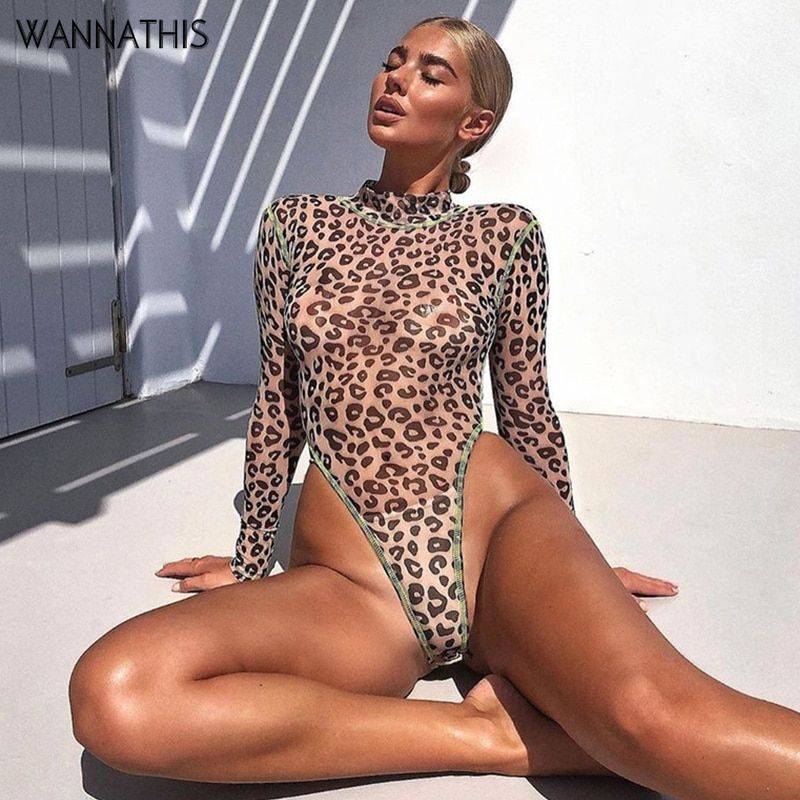 Slim  Long Sleeve High Neck  Leopard Print Mesh Bodysuit