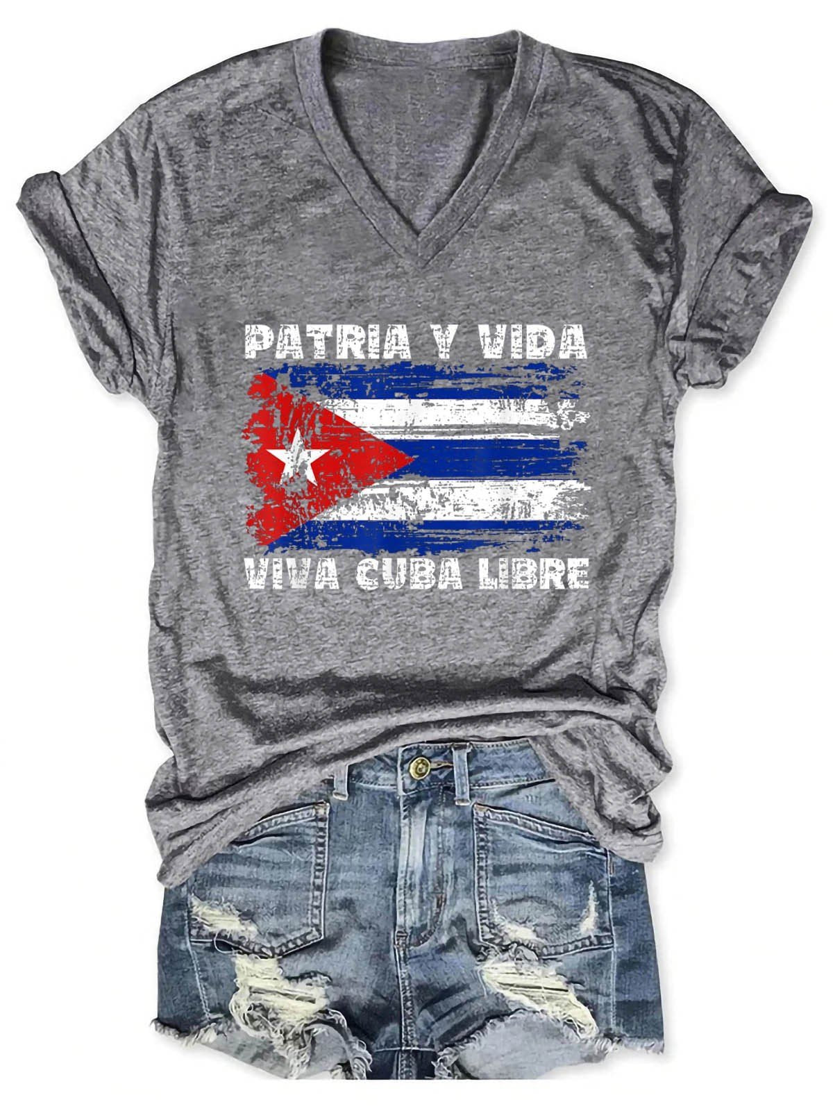 Women’S Viva Cuba Libre Patria Y Vida Cuba Flag, Cuban Revolution V-Neck T-Shirt