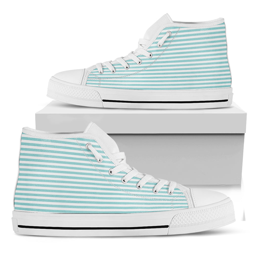 White And Cyan Striped Pattern Print White High Top Shoes