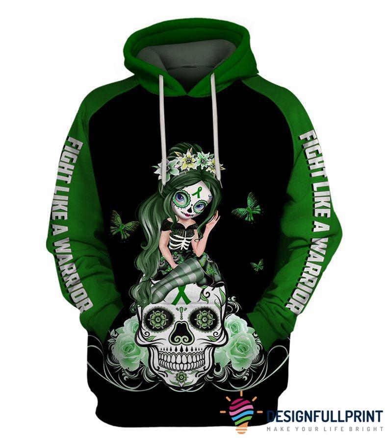 Skull Gift Fight Like A Warrior™ Green Liver Cancer Sugar Skull Girl Awareness Hoodie