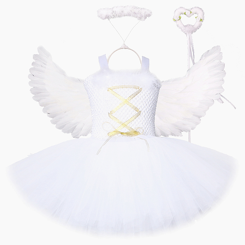 White Angel Christmas Dress Girls Princess Fairy Dresses with Wings Cosplay Costume Girl Kids Tutus Outfit for Birthday Party alx