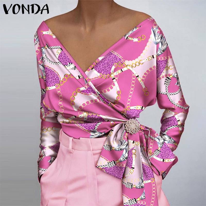 VONDA 2022 Fashion Women Elegant Shirts Ladies Floral Printed Party Shirts Loose Bow-knot Long Sleeve Bandage Bohemian Top Tunic alx