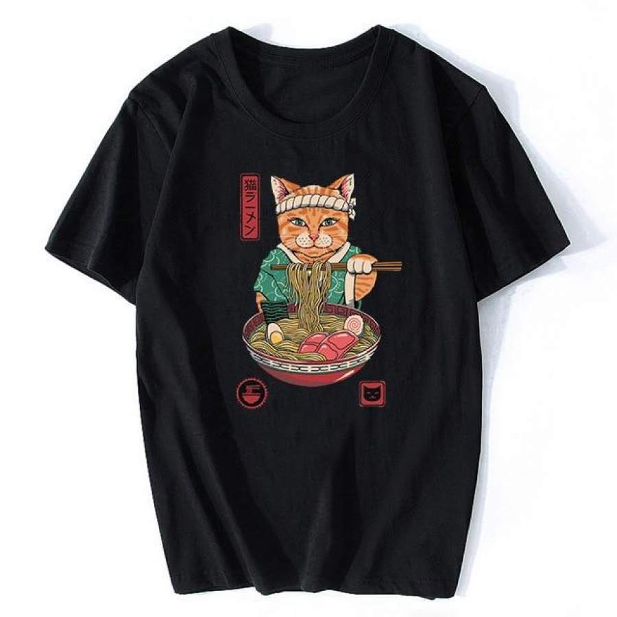 Neko Ramen Japan Cat Anime T Shirt Men’s High Quality Aesthetic Cotton Cool Vintage T-shirt Harajuku