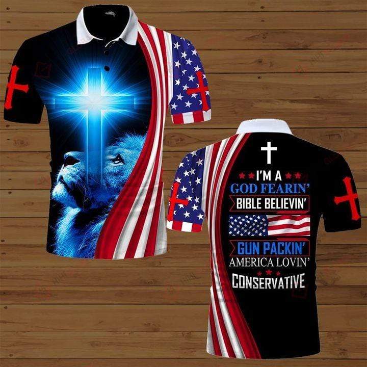 4Th July Lion Cross I’M A God Fearin Bible Believin Gun Packin Polo Shirt #Kv