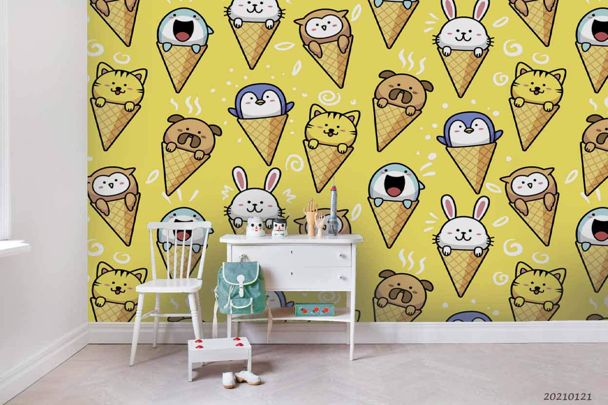 3D Cartoon Animal Ice Cream Yellow Wall Mural Wallpaper Lqh 24