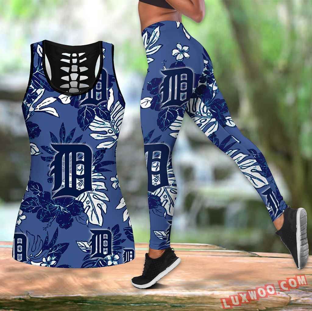 Combo Detroit Tigers Hawaiian Tropical Flower Hollow Tanktop Legging Set Outfit K1541