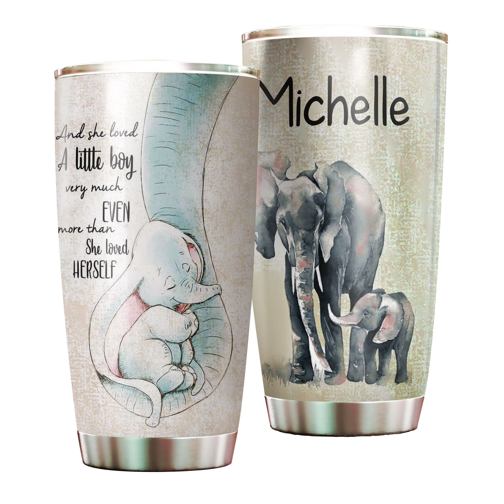 Personalized Watercolor Elephants She Loved A Little Boy Stainless Steel Tumbler – Double-Walled Insulation Thermal Cup With Lid Mother Gift For Son