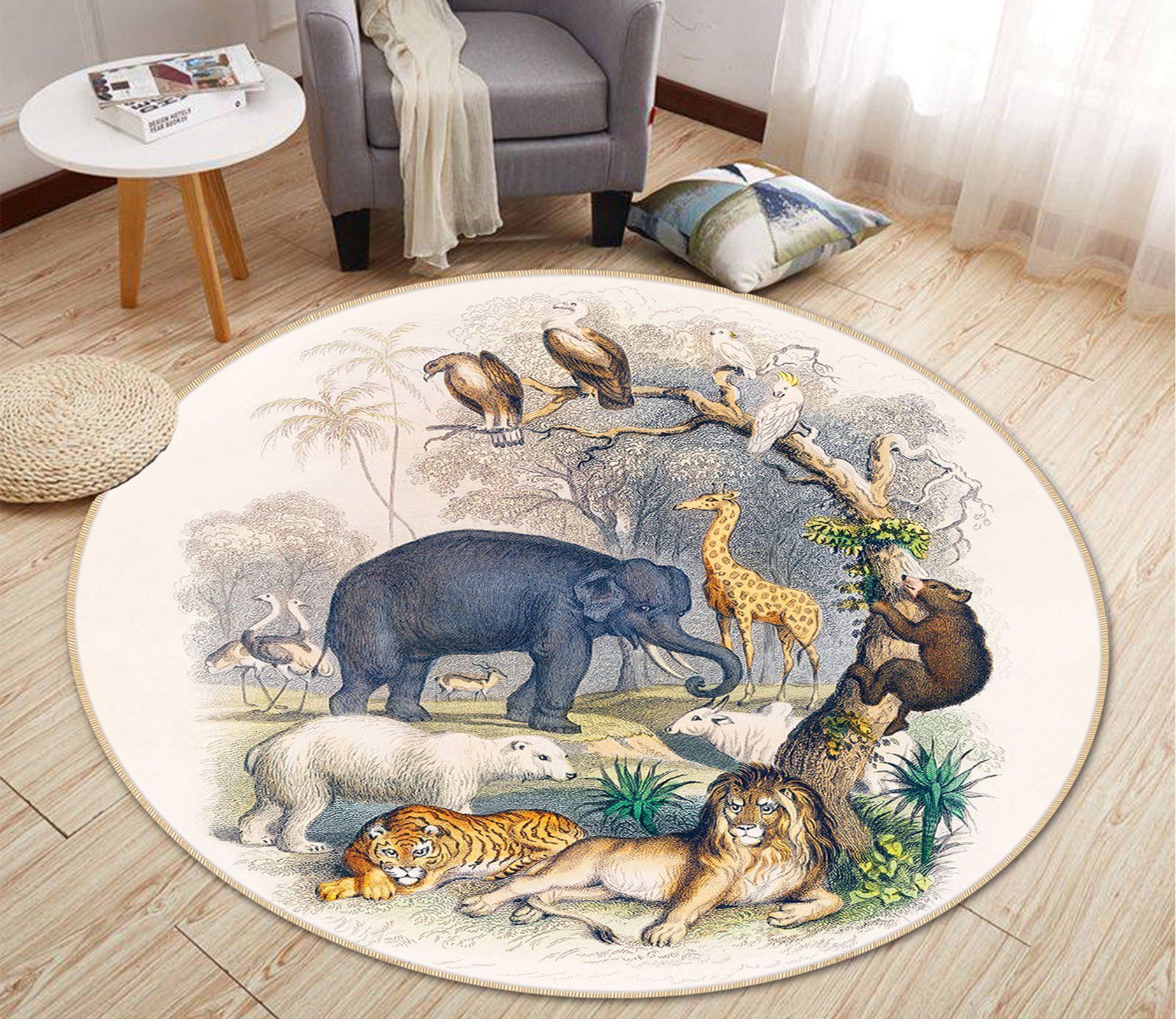 Wild Animals In Forest Printed Round Rug – Round Carpet Home Decor