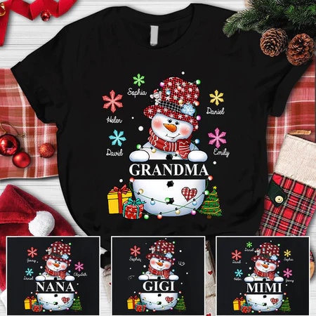 Personalized Snowman Grandma Christmas Shirt, Xmas Snowflakes Nana Shirt Custom Name, Christmas Snowman Mimi Shirt, Gigi Christmas Shirt