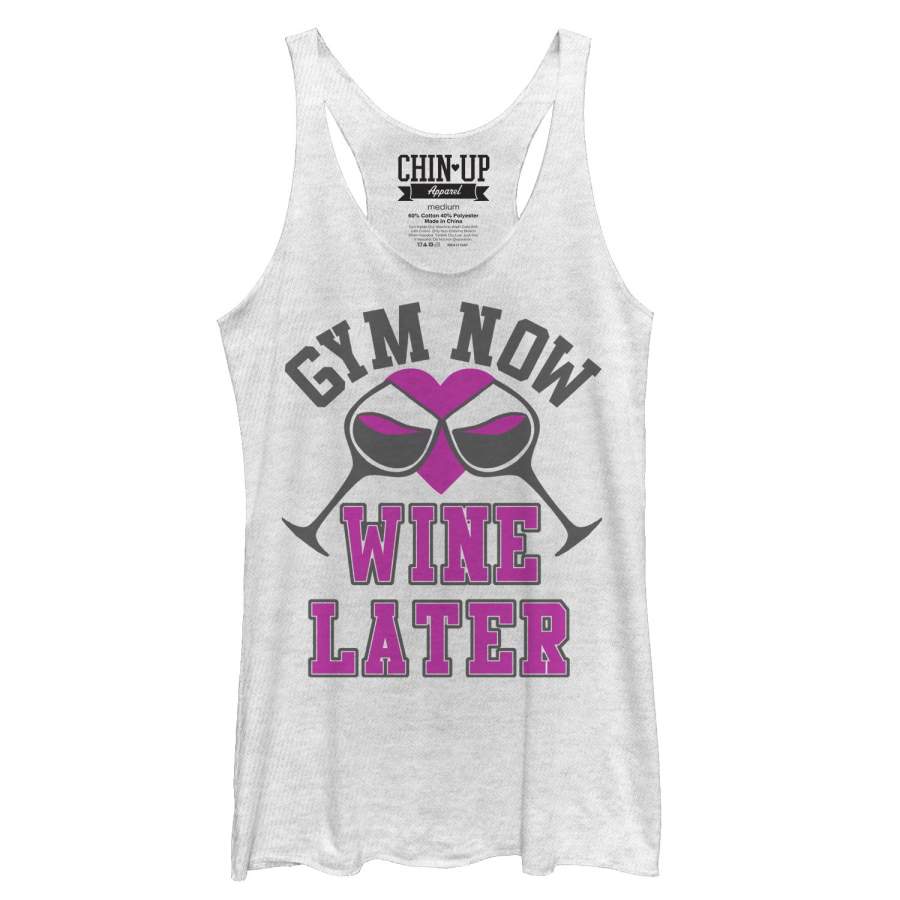 CHIN UP Women’s Gym Now Wine Later  Racerback Tank White Heather