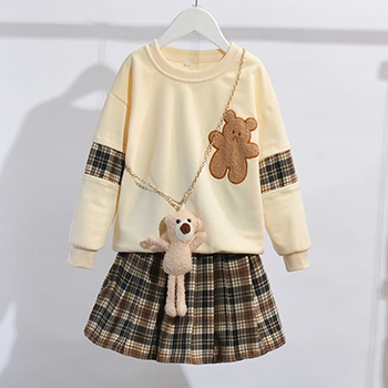 3-14 Years Teenager Girls Outfits Cute Bear Sweatshirt + Plaid Skirt 2Pcs Suit For Girls Birthday Present Children Clothing Sets alx