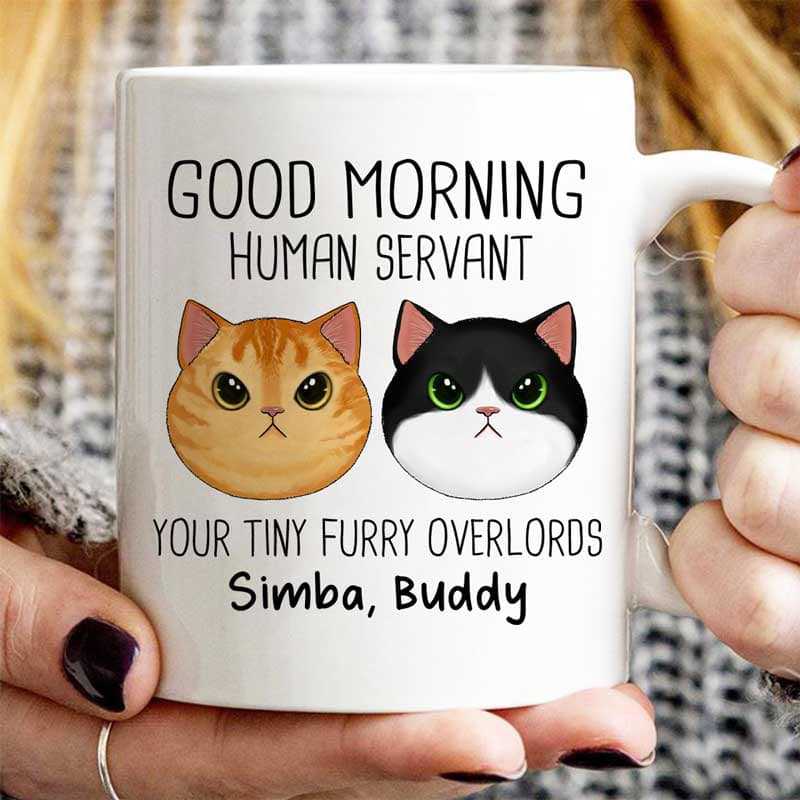 Good Morning Human Servant Fluffy Cat Face Personalized Mug