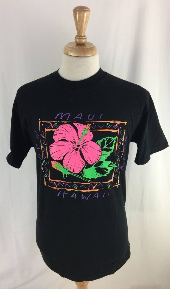 Vintage 90S Hawaii Kona Maui Kauai Floral Neon Black Shirtarge Shirt