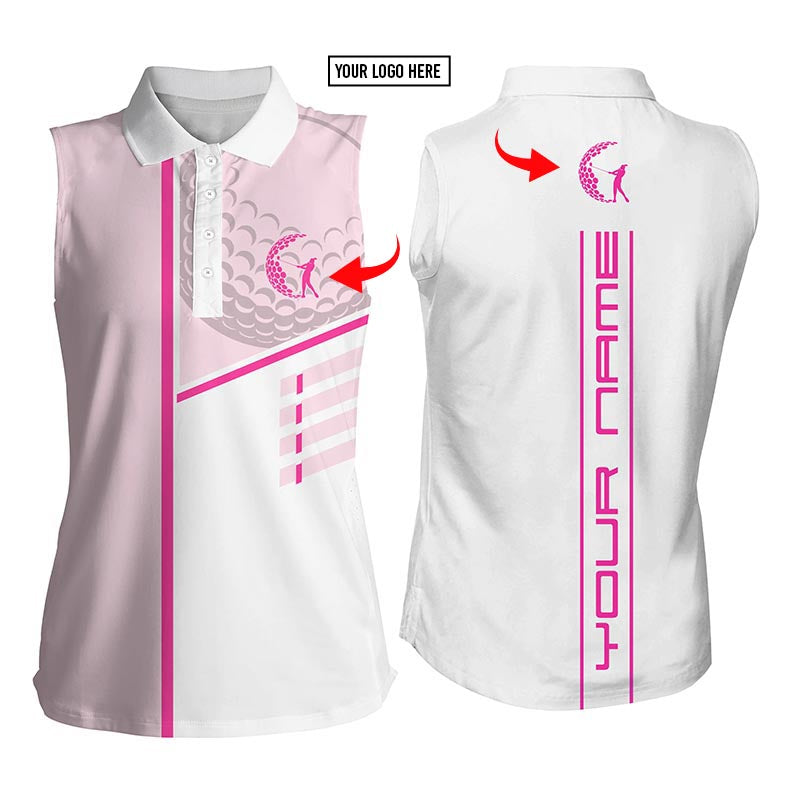 Custom Logo Golf Club Custom Name And Logo Pink & White Women’S Sleeveless Polo Shirt Personalized Golf Gift Coolspod