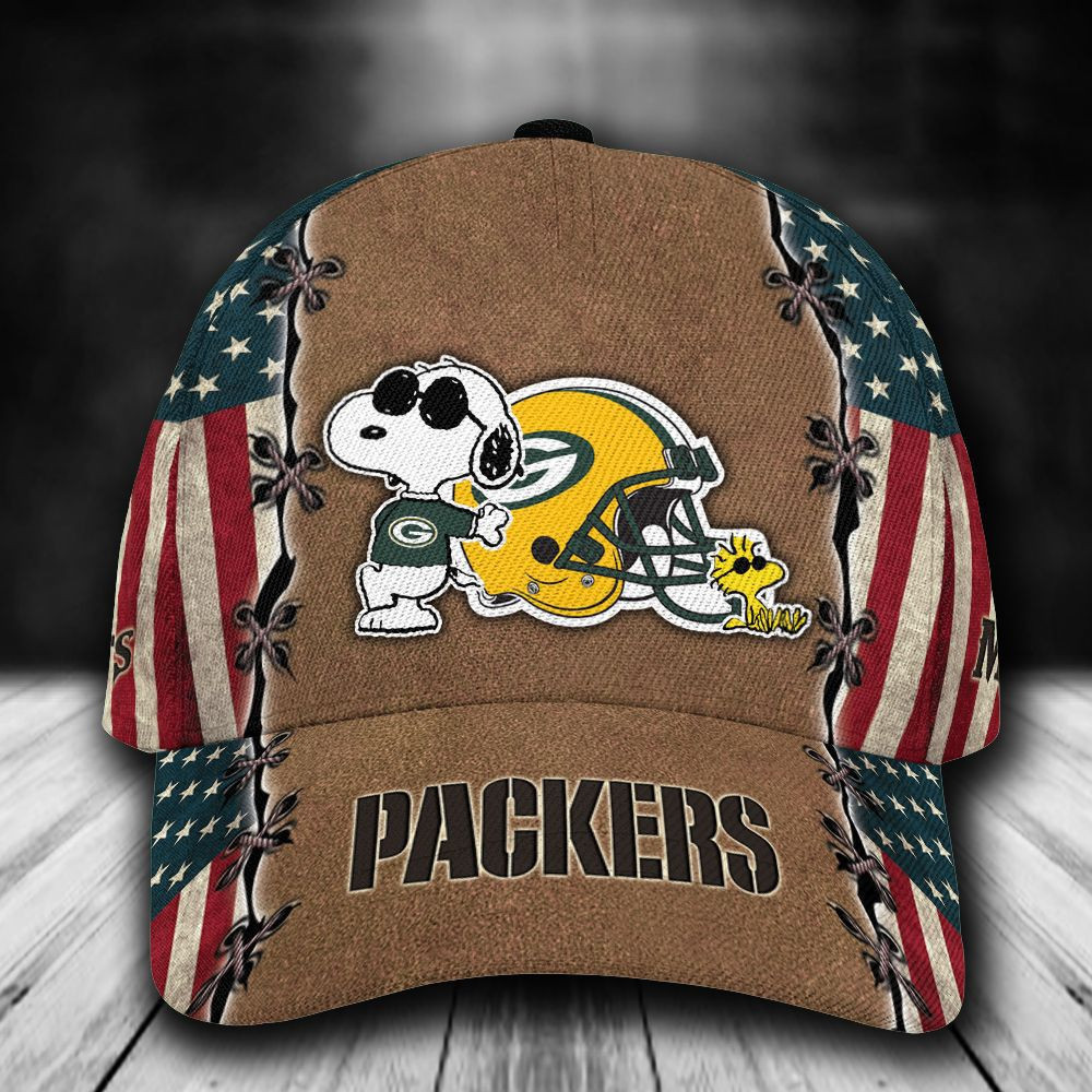 Personalized Green Bay Packers Snoopy Woodstock American Flag All Over Print 3D Baseball Cap – Brown