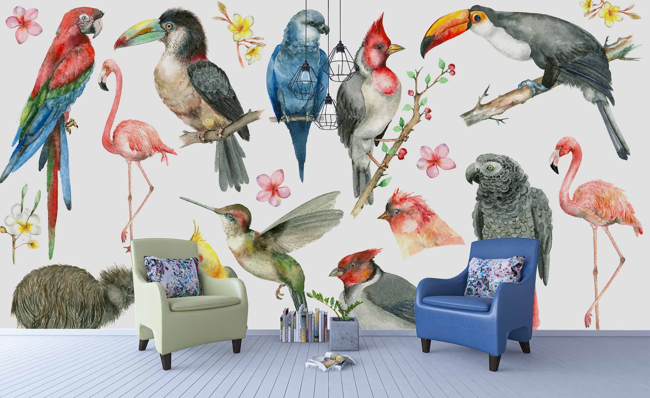 3D Colourful Animal Bird Parrot Flamingo Hornbill Wall Mural Wallpaper Zy D21