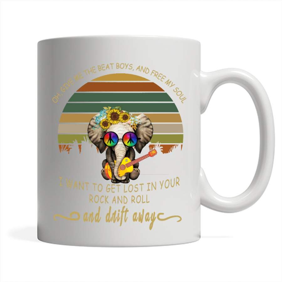 Oh, Give Me The Beat Boys, And Free My Soul I Want To Get Lost In Your Rock And Roll And Drift Away, Peace Sign, Elephant Classic Floral Design – Full-Wrap Coffee White Mug